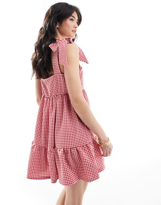 Miss Selfridge - Rød minikjole med sløjfedetaljer og gingham-tern, 2 af 4