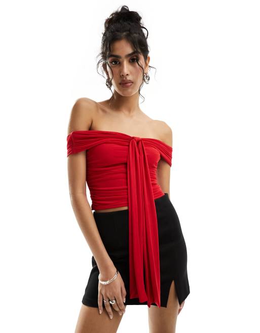 Miss Selfridge - Rød og draperet offshoulder-top, 4 af 4