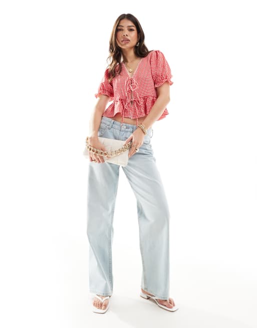 Miss Selfridge - Rød overdel med bindefront pufærmer og gingham-tern, 4 af 4
