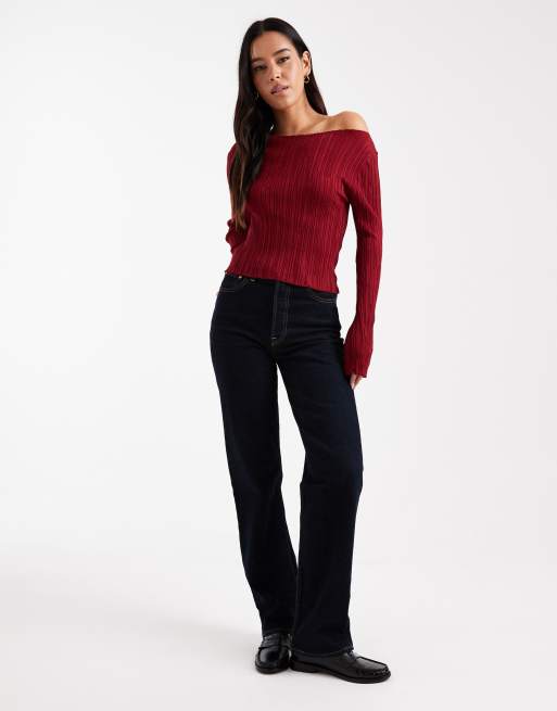 Miss Selfridge - Rød ribstrikket top med lange ærmer og slids, 2 af 4
