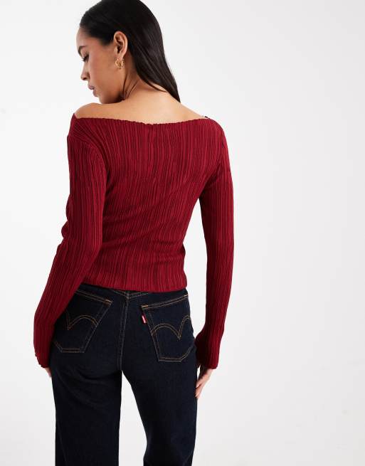 Miss Selfridge - Rød ribstrikket top med lange ærmer og slids, 3 af 4