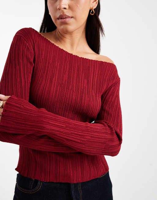 Miss Selfridge - Rød ribstrikket top med lange ærmer og slids, 4 af 4