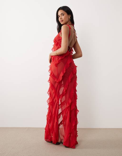 Miss Selfridge - Rød strand-maxikjole med lav ryg og asymmetriske flæser, 4 af 4