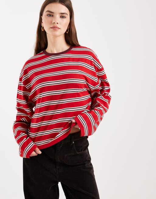 Miss Selfridge - Rechte gestreepte top met lange mouwen in rood, 2 van 4