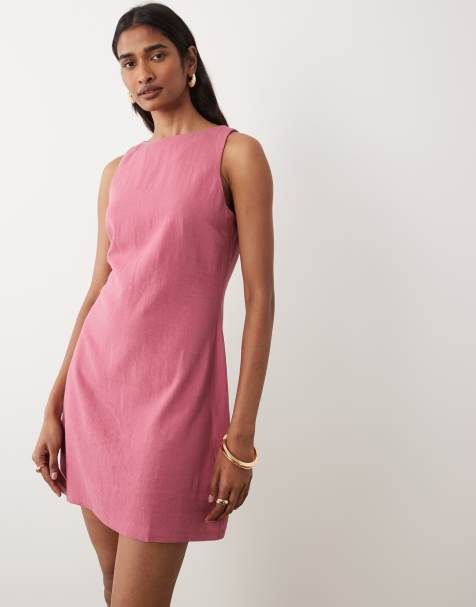 Miss Selfridge - Rechtvallende jurk van linnenmix in framboos - view 1