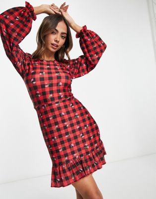 Miss Selfridge red check floral fit and flare dress