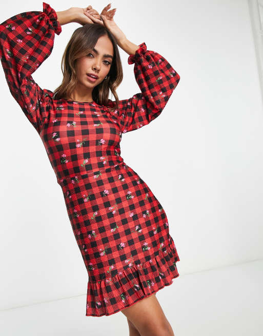 Miss Selfridge red check floral fit and flare dress | ASOS