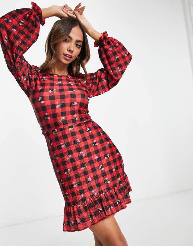 Miss Selfridge red check floral fit and flare dress