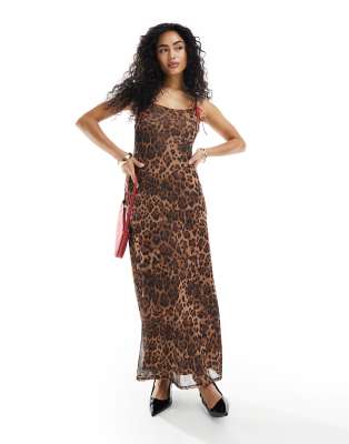 Miss Selfridge Red Ribbon Trim Maxi Dress In Animal Print-brown