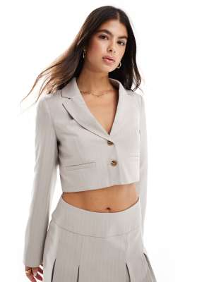 relaxed cropped blazer in stone pinstripe - part of a set-Neutral