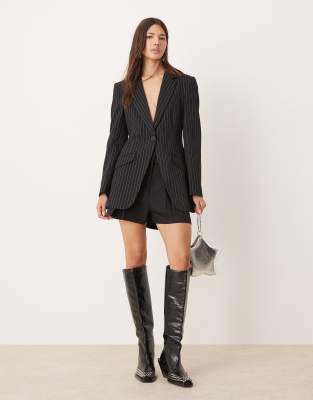 relaxed fit blazer in mono pinstripe-Black