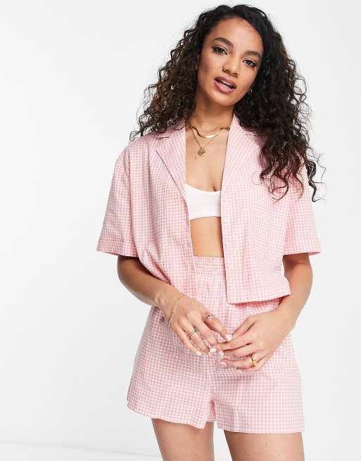 Miss Selfridge resort shirt in peach and orange plaid