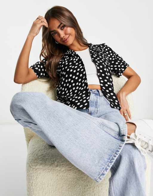 Miss Selfridge - Resort-skjorte i sort med hvide prikker