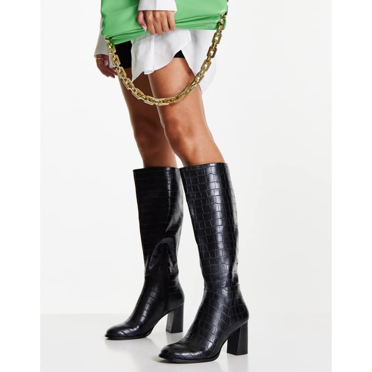 Miss Selfridge retro black croc knee high boot | ASOS