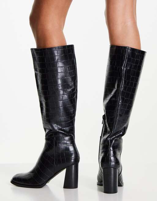 Miss Selfridge retro black croc knee high boot | ASOS