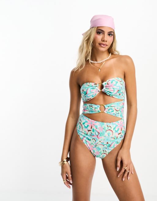 Miss Selfridge retro print ring detail bandeau swimsuit , 4 of 4