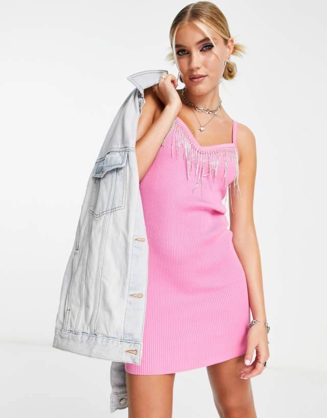 Miss Selfridge rhinestone fringe knit mini dress in pink