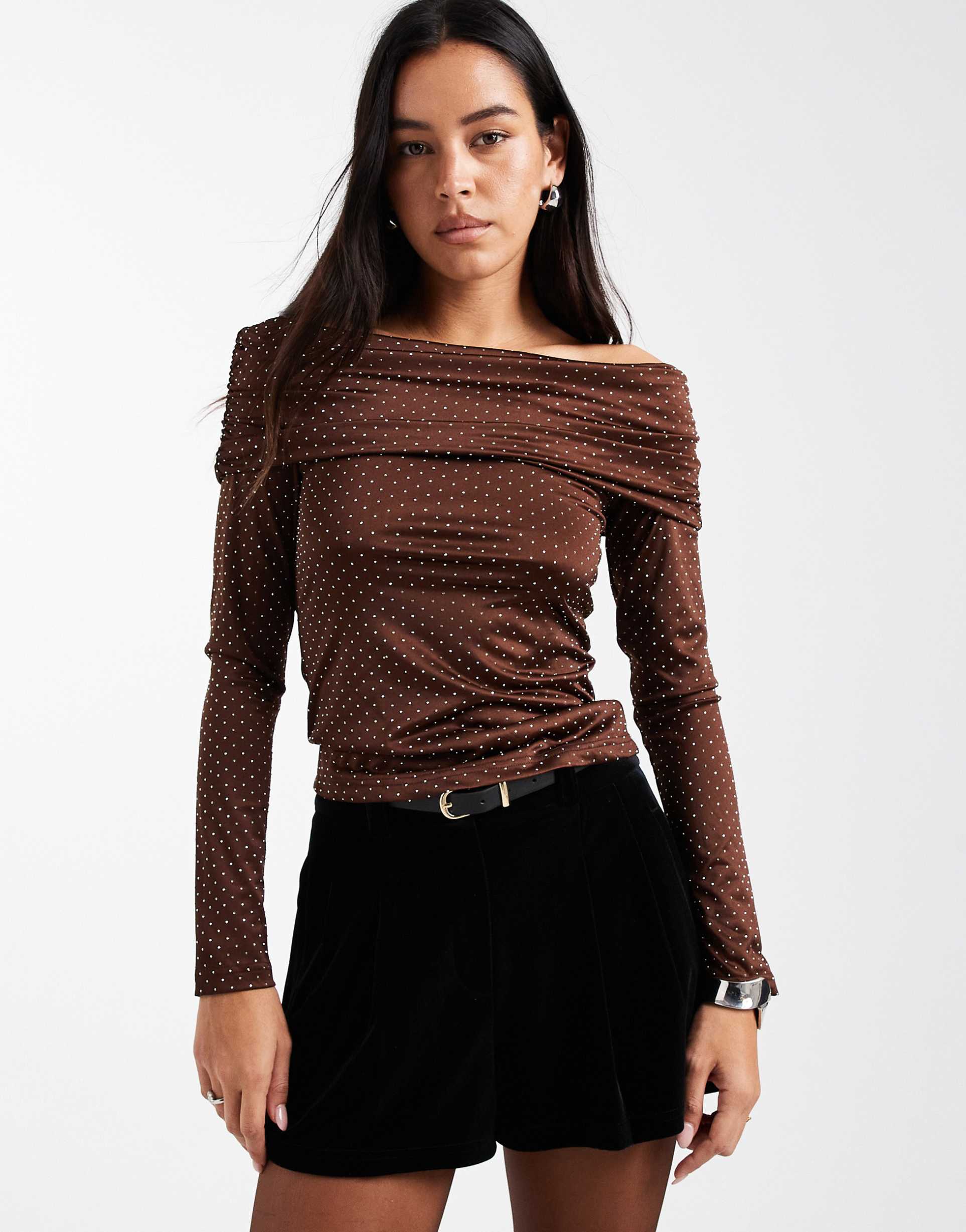 miss selfridge rhinestone off the shoulder top in chocolate