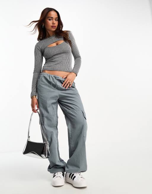 Miss Selfridge rib in shrug top in charcoal ASOS