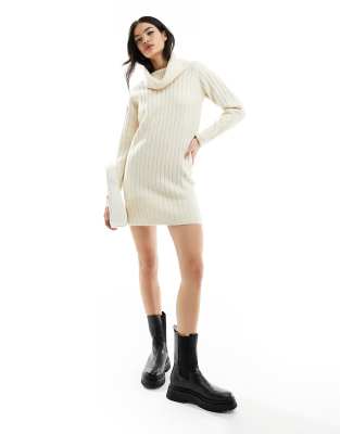 Miss Selfridge rib chunky cowl neck knit mini dress in cream-White