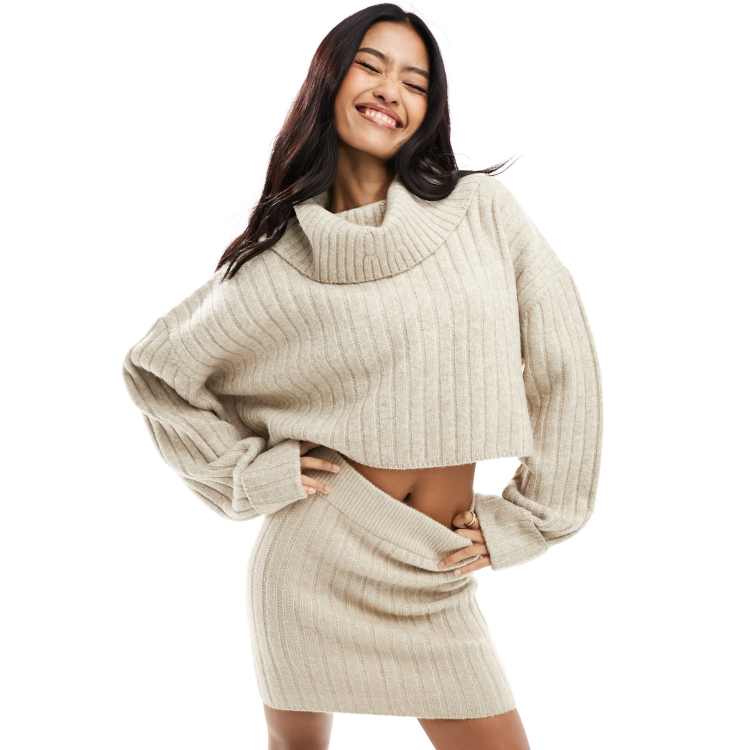 Miss Selfridge rib chunky cowl neck sweater in oatmeal - part of a