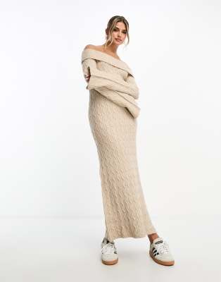 rib chunky foldover bardot knit maxi dress in oatmeal-Neutral