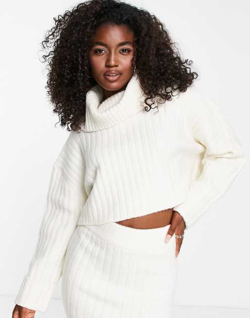 Miss Selfridge rib chunky roll neck jumper in ivory ASOS