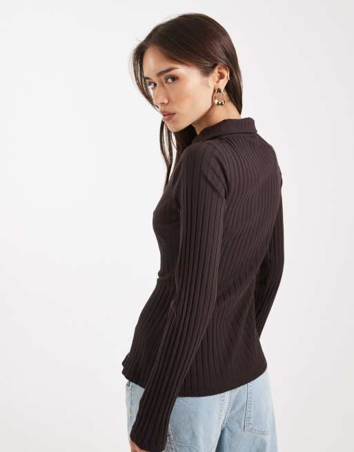 Miss Selfridge rib collar detail shirt in chocolate, 2 of 4