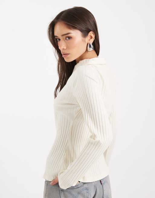 Miss Selfridge rib collar detail shirt in cream, 2 of 4