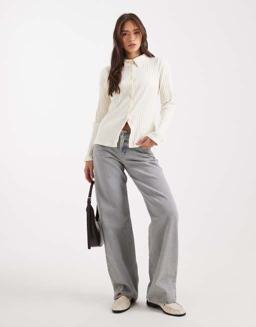 Miss Selfridge rib collar detail shirt in cream, 4 of 4