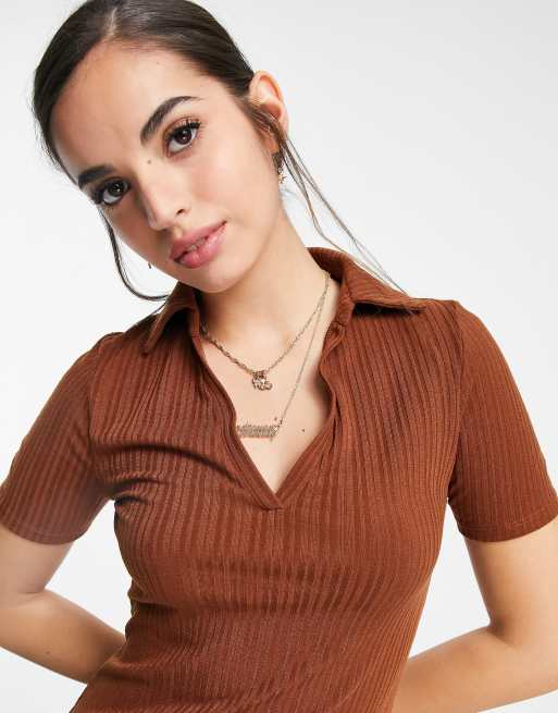 Miss Selfridge rib collar polo dress in rust, 2 of 4