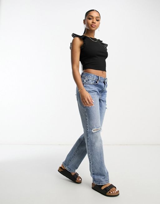 ASOS DESIGN mid rise comfort stretch straight leg jeans in midwash