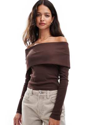 Miss Selfridge Miss Selfridge rib deep fold over bardot top in chocolate-Brown