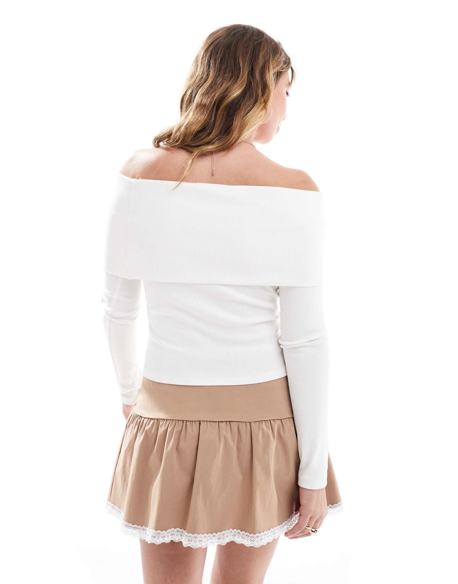 miss selfridge rib deep fold over bardot top in cream