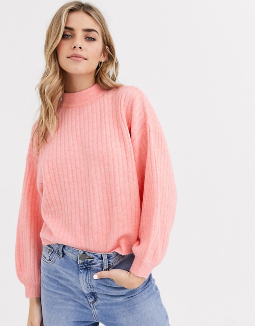 Miss Selfridge rib jumper with funnel neck in pink