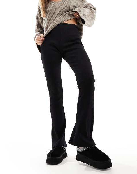 Black Tie Side Ribbed Flare Pants