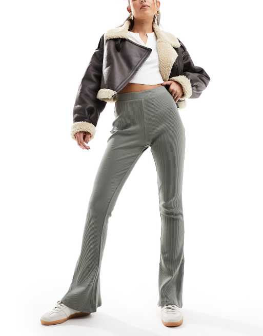 Miss Selfridge rib kick flare pants in sage (part of a set)