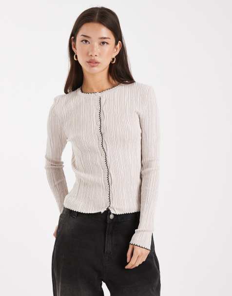 Miss Selfridge rib knit blanket stitch cardigan in cream - view 1