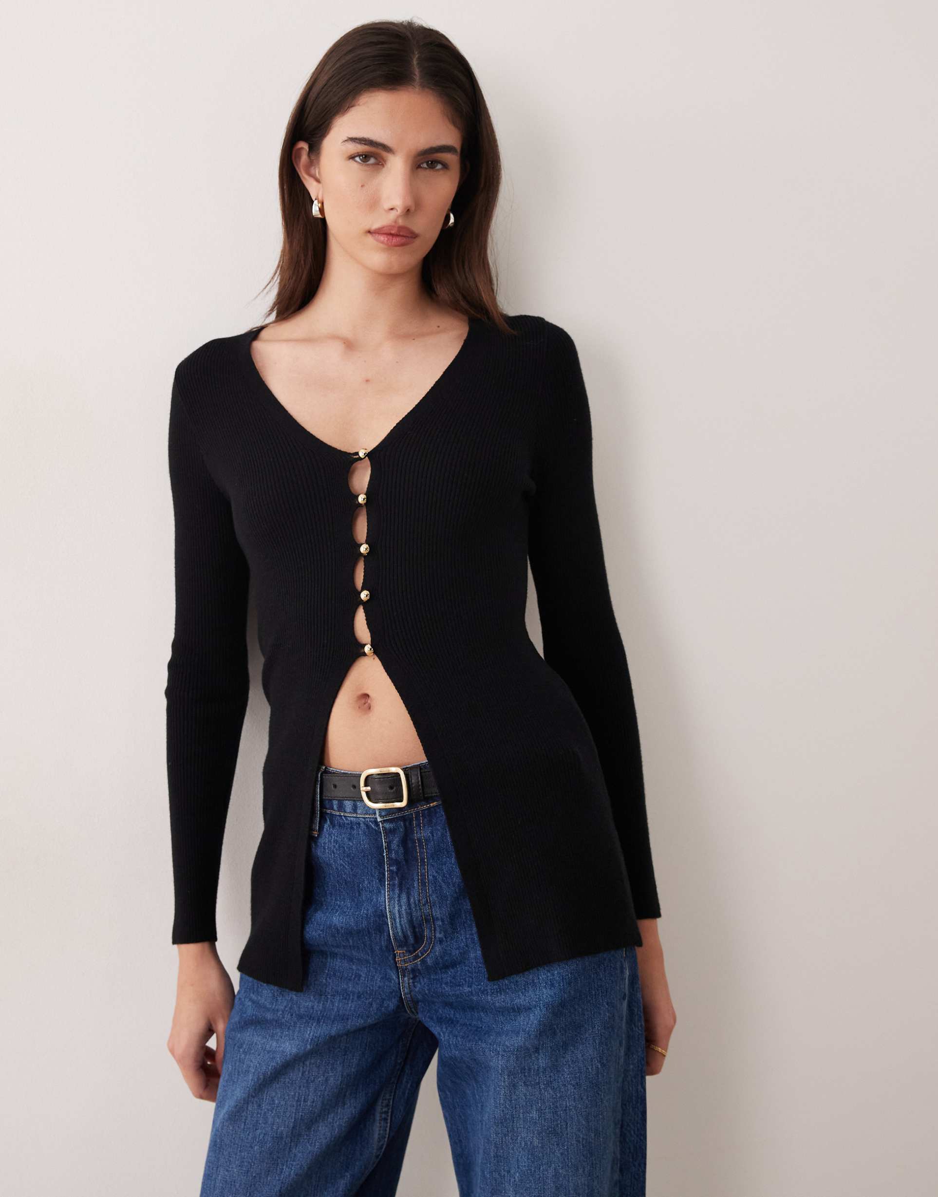 miss selfridge rib knit button up longline cardigan in black