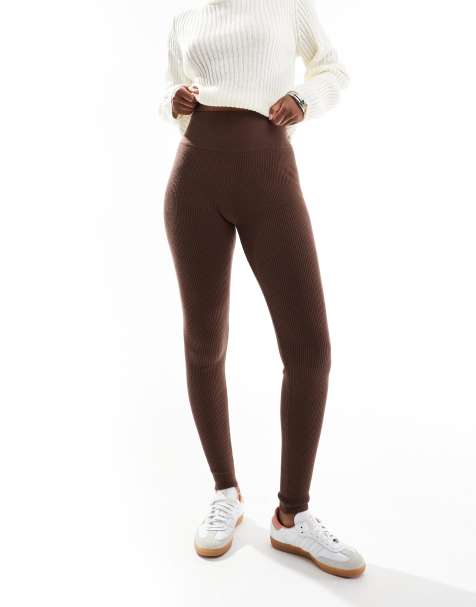 Miss Selfridge rib knit cosy leggings in chocolate - view 1