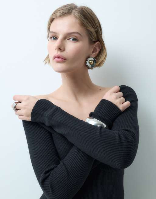 Miss Selfridge rib knit cross over fitted long sleeve top in black, 2 of 5