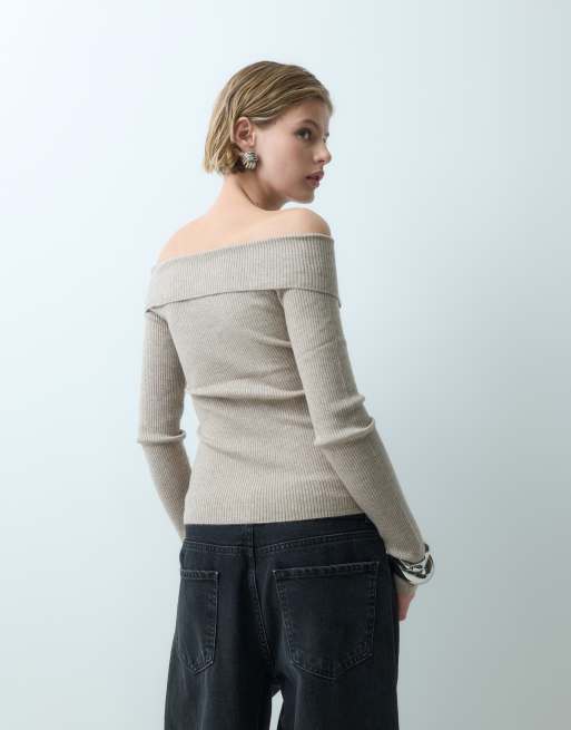Miss Selfridge rib knit cross over fitted long sleeve top in oatmeal marl, 5 of 5