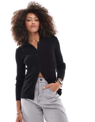 Miss Selfridge rib knit fitted cardigan in black-Neutral