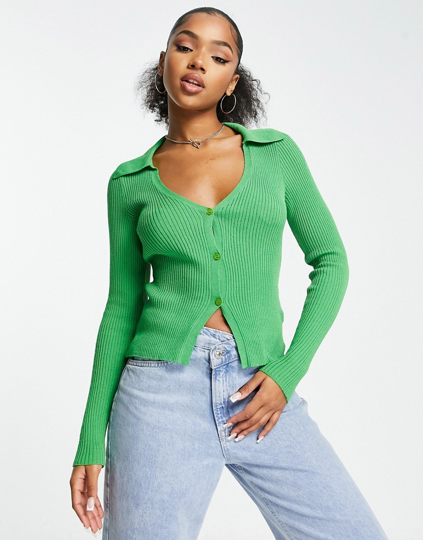 Miss Selfridge rib knit fitted waist cardigan in green