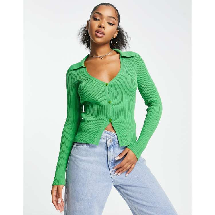 Miss Selfridge rib knit fitted waist cardigan in green ASOS