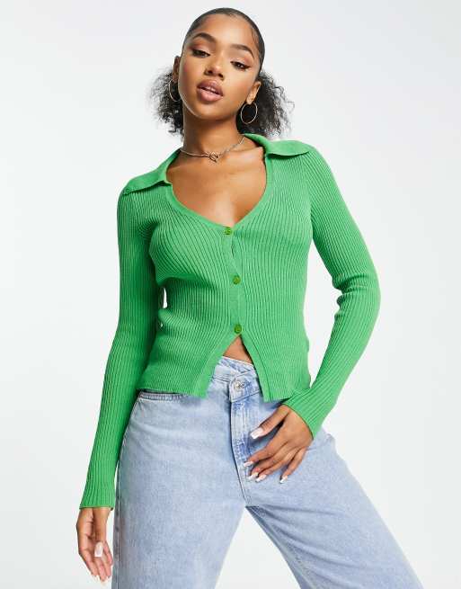 Miss Selfridge rib knit fitted waist cardigan in green | ASOS