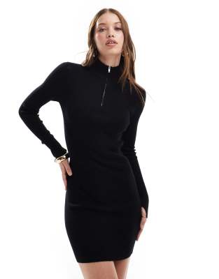 rib knit half zip collar detail mini dress in black