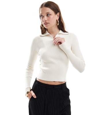 rib knit half zip collar detail top in cream-White