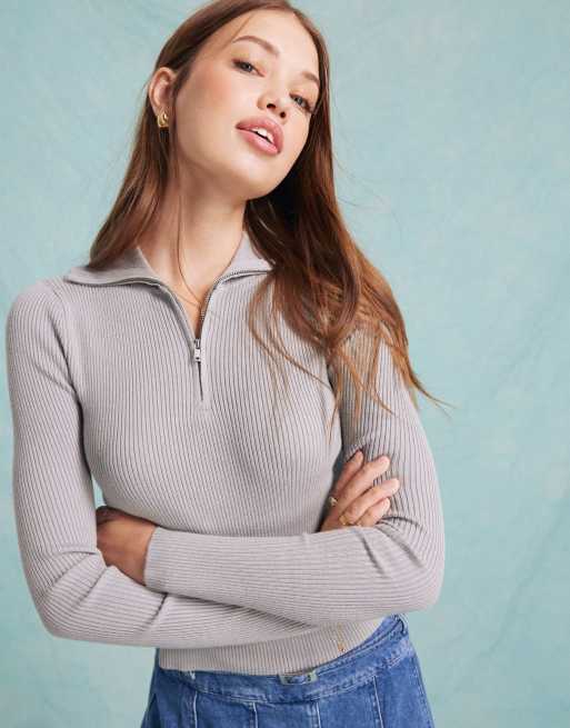 Miss Selfridge rib knit half zip collar detail top in gray heather, 4 of 4