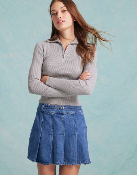 Miss Selfridge rib knit half zip collar detail top in grey marl - view 1